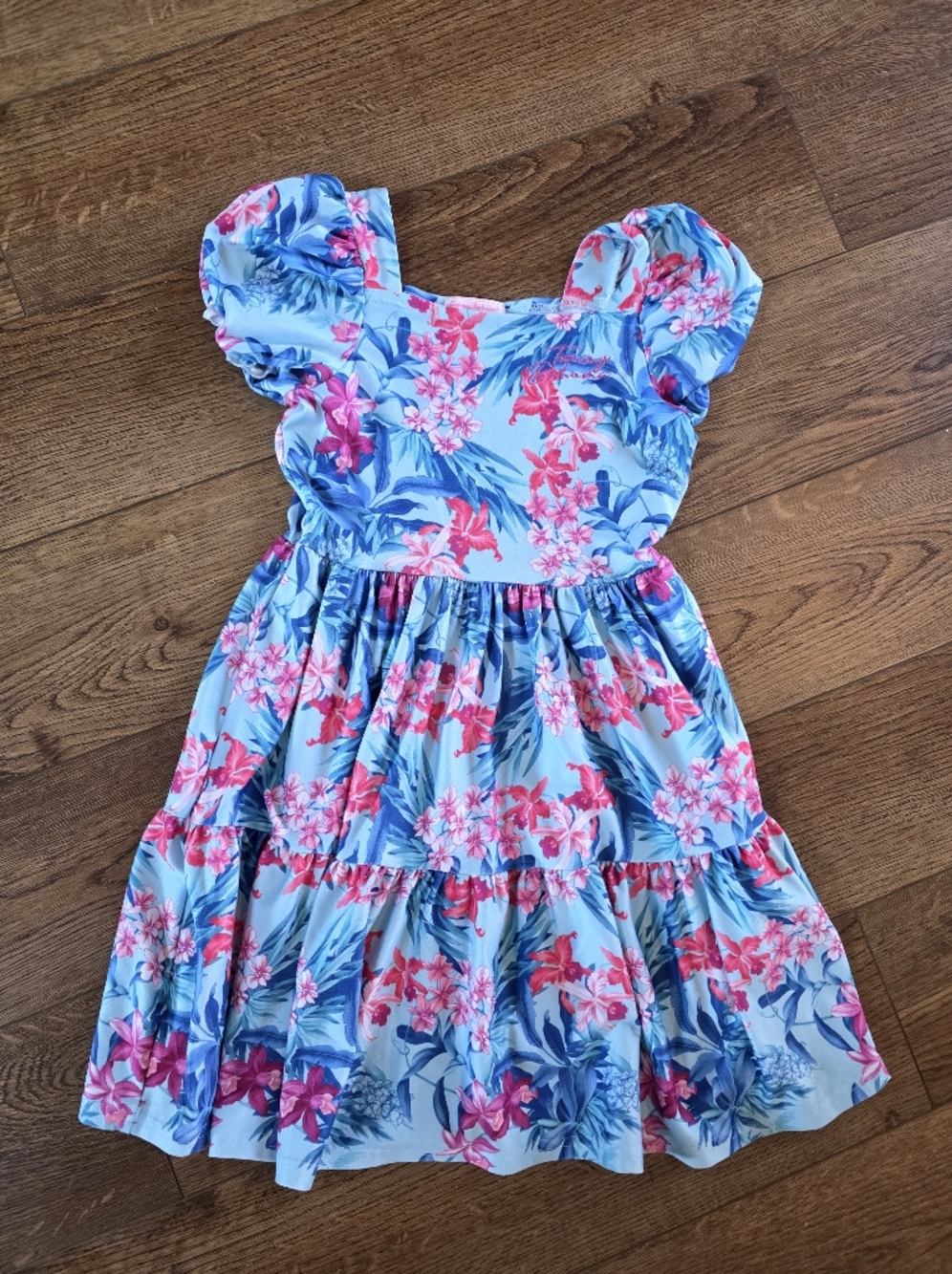 Tommy Bahama Blue Dress with Pink Floral Print and Blue Leaves